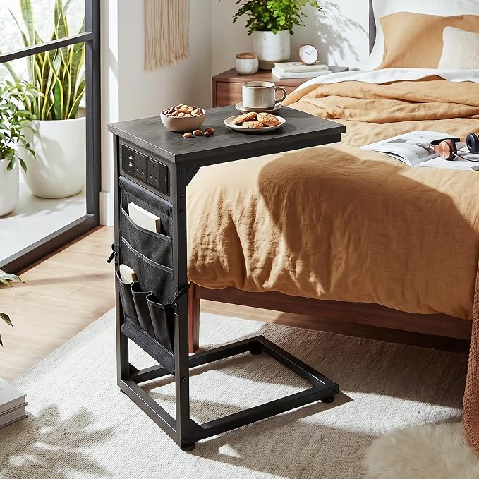 AMHANCIBLE C Shaped End Table with Charging Station, Couch Side Tables that Slide Under Sofa with Storage Bag, Slim TV Tray with USB Ports for Living Room, Bedroom, Dark Grey HET04CDG
