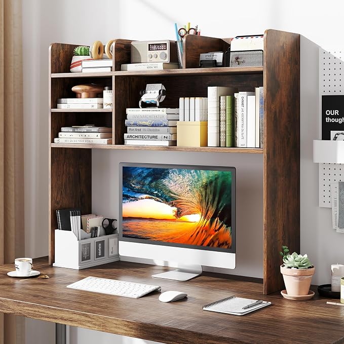 Giantex Desktop Bookshelf, 37" Desk Hutch Dorm for Computer Up to 32 Inch, Countertop Hutch w/6 Storage Shelves, 3-Tier Desktop Organizer Display Rack, Wood Desk Shelf for Home Office (Rustic Brown)