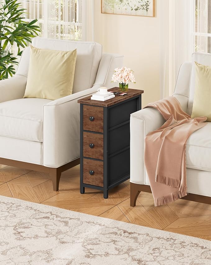CHOEZON Narrow Side Table with 3 Fabric Drawers, Industrial Slim Bedside Table for Small Spaces, Bedroom, Living Room, Dormitory, Rustic Brown and Black TBZ09BF