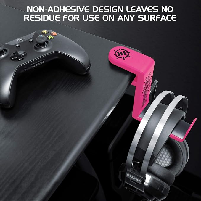 Enhance Gamer Headset Holder with 360 Degree Swivel Arm, Universal Table and Desk Clamp with Integrated Cable Storage – Pink