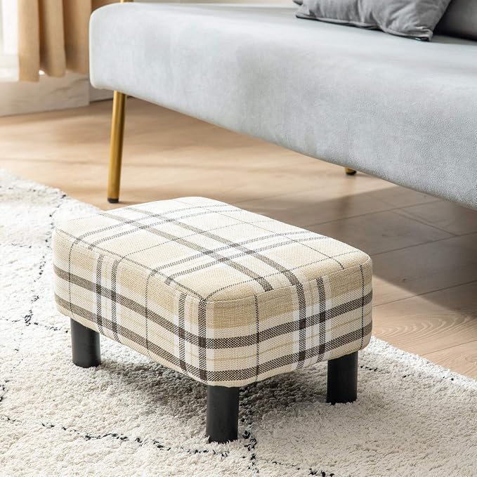 IBUYKE 16.54" Small Footstool, Linen Fabric Pouf, with Padded Seat Pine Wood Legs and Padded Rectangular Stool, for Bedroom, Stripe RF-BD215
