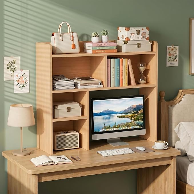 SUPER DEAL Desktop Bookshelf, Countertop Storage Hutch with 3 Shelves for Computer Desk, 2-Tier Display Rack, Multipurpose Wood Desk Hutch Storage Organizer for Home Office Dorm, Natural