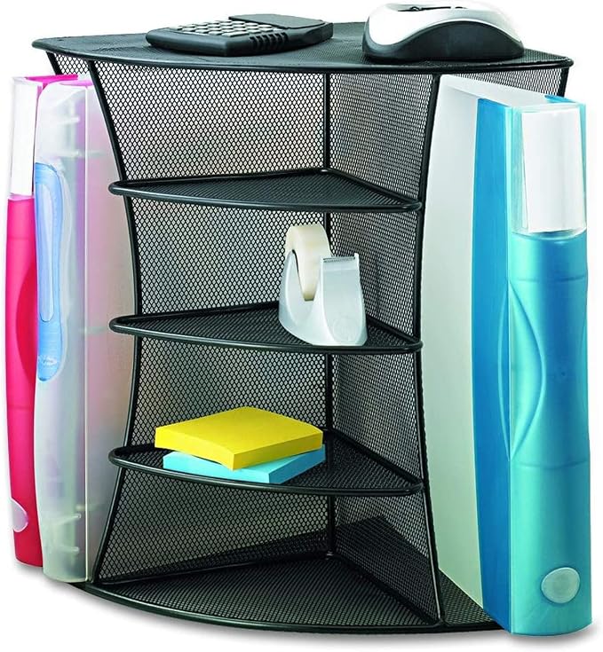 Safco 3261BL Onyx Mesh Corner Organizer - Durable Steel Mesh Corner Storage and Desk Top Organizer. Space Saving, For Home, Office & Classroom Organization, 13" x 15" x 11 , Black
