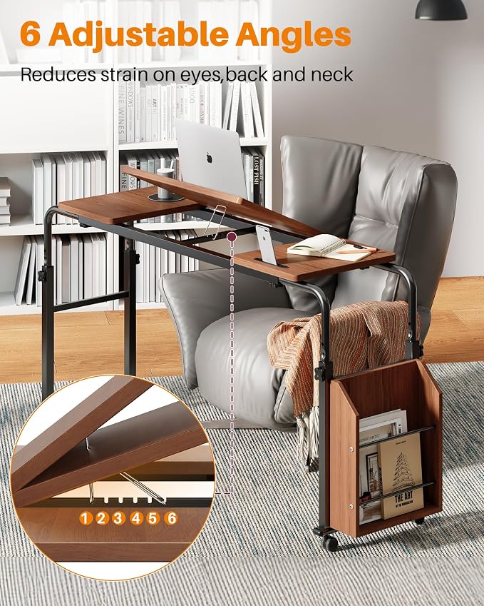 Laptop Desk for Bed,6-Angle Adjustable Overbed Table with Wheels,Adjustable Height and Length Bed Table for Laptop with Side Bookshelf,Standing Desk,Over Bed Desk for Working Hospital Home (Oaken)