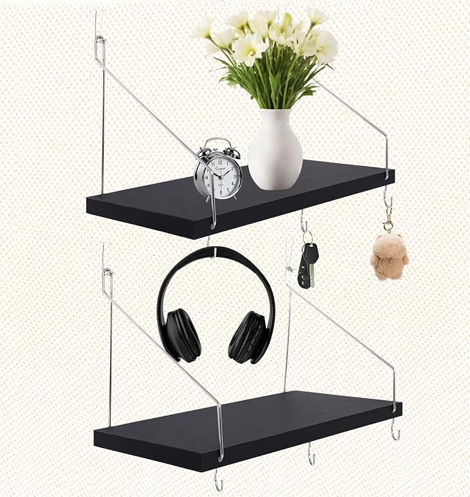 2-Pack Cubicle Shelf For Fabric Walls With Hooks：12x6.0in Black Wooden Cubicle Shelf Hanging Organizer Silver shelves Accessories Office Stylish Ations cubical Decorations For Women Desk work storage