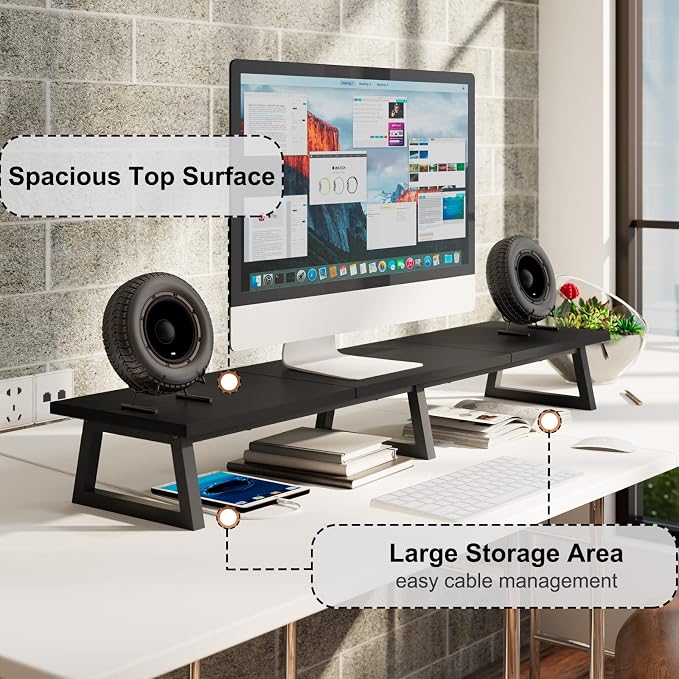 TEAMIX Black 42 inch Dual Monitor Riser,Wood and Steel Long Monitor Stand for 2 Monitors with Storage Large TV Riser Computer Laptop Stand for Desk Office Organization