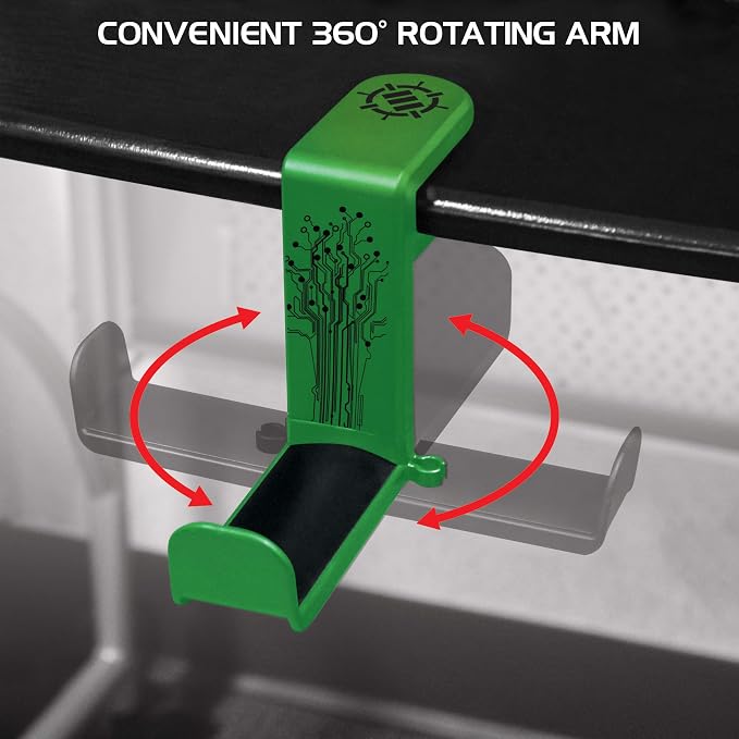 ENHANCE PC Gaming Headphone Holder - Desk Headphone Hanger Esports Headset Holder with Adjustable 360 Rotation, Under Desk Hook Clamp, Universal Fit - Built in Cable Clip Organizer - Green