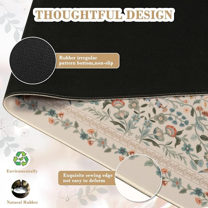 iCasso Aesthetic Floral Desk Mat, L Mouse Pads, Anti-Slip Mousepad with Stitched Edges, Waterproof Computer Pad 11.8"x31.5", Desk Accessories Office Decor for Women(Beige)