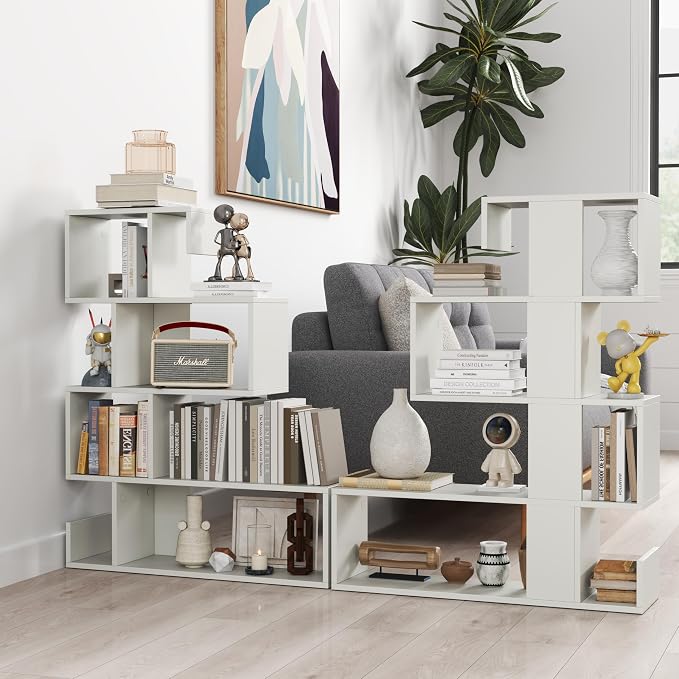 5 Tier Geometric Bookshelf, S-Shaped Z Shelf Bookshelves and Bookcases, Modern Decorative Storage Shelving, Wooden Display Bookcase for Living Room Home Office (White)