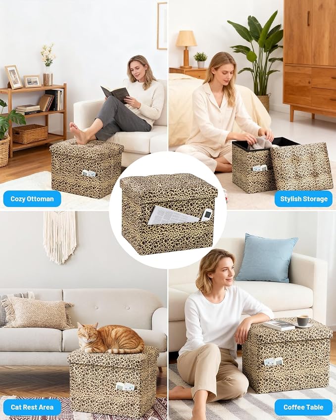 Bsketa Storage Ottoman Foot Rest Stool, Small Velvet Storage Ottomans Bench, Folding Footstool with Side Pockets, Foot Rest Under Desk for Living Room Bedroom, 17x13x13 in, Leopard Print