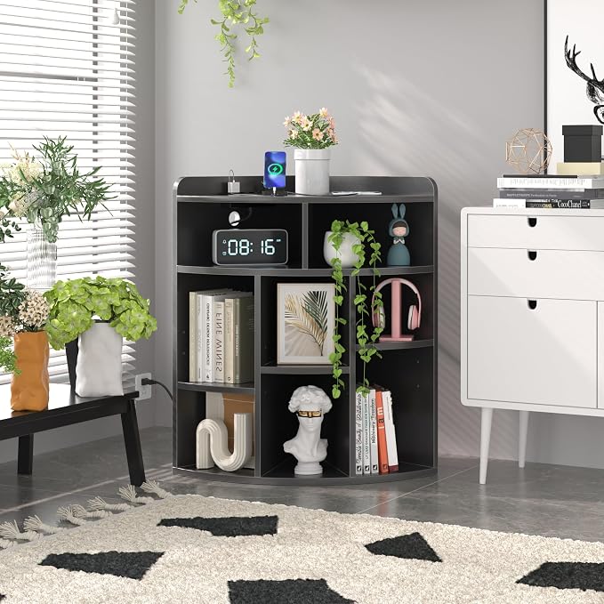 VECELO Corner Cube Shelf with USB Ports & Outlets, Modern Corner Toy Storage Rack with Adjustable Shlef, Wooden Display Bookshelf Bookcase for Living Room, Bedroom, Dining Room, Kitchen, Black
