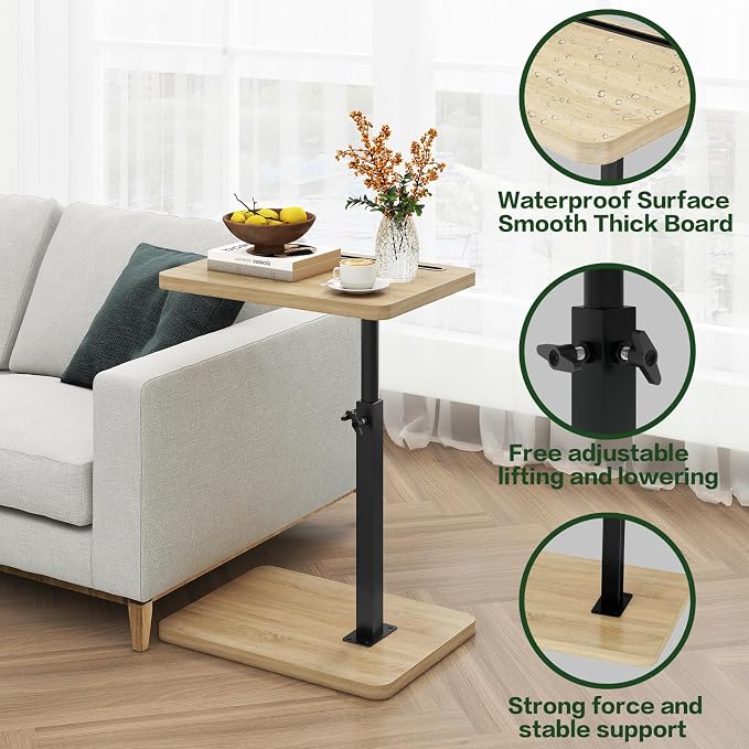 IBUYKE C Shaped Side Table, 360° Swivel Height Adjustable End Table for Small Spaces, with Phone & Tablet Slot, Modern Small Coffee Snack Table for Sofa/Bed, Natural UTVT003R