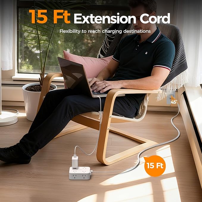 TESSAN Surge Protector Power Strip, 15 Ft Flat Plug Extension Cord with 3 USB (1 USB C 20W PD) 8 Outlets, 1250W, 900J Protection, 3 Sided Outlet Extender with Power Switch for Office, Dorm Room, White