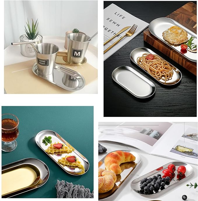 1 Pcs Gold Trinket Tray Oval Stainless Steel Small Serving Trays Towel Storage Dish Plate Tea Fruit Trays Jewelry Plate Decorative Storage Tray (Gold 1pcs, 9 x 3.8 Inch)