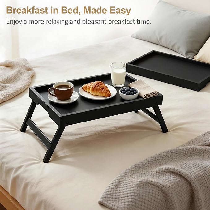 Large Breakfast Tray with Folding Legs Set of 2, 16.9" x 12.2" Bamboo Bed Tray Table with Ergonomic Wave Handles, Foldable TV Dinner Tray for Bed Couch Sofa, Breakfast, Laptop, Coffee, Black