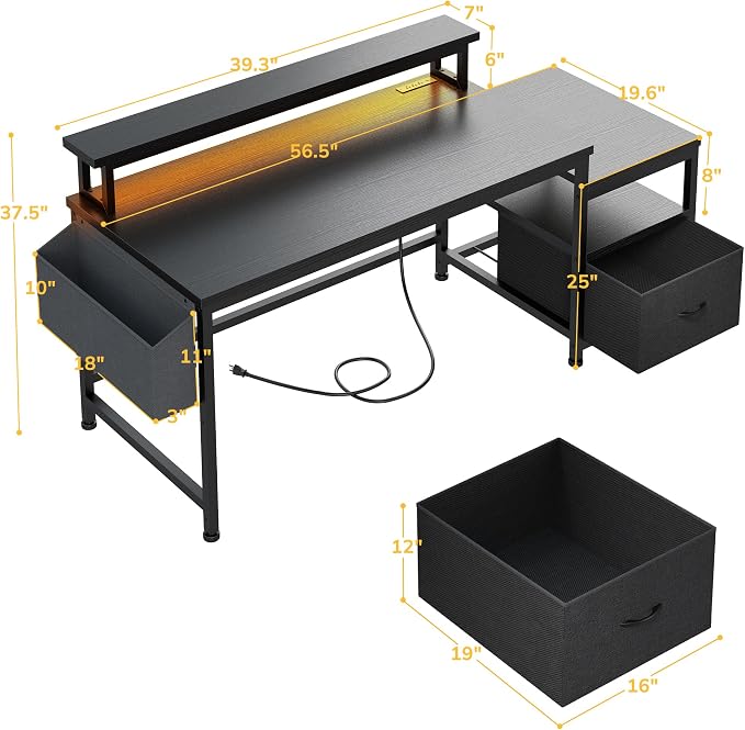 EnHomee 56.5" Black Computer Desk with File Drawers and Printer Space,Office Desk with Power Outlets and Monitor Stand,Gaming Desk,Study Desk, Writing Desk, Bedroom Desk