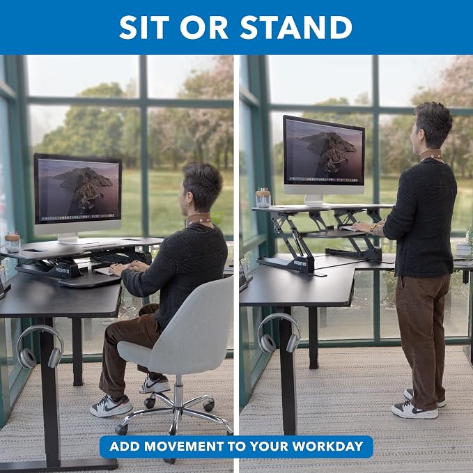 Mount-It! Corner Standing Desk Converter Height Adjustable 43” Wide Desktop, Corner Stand Up Desk with Gas Spring Lift Asssit, Stand Up Computer Workstation with Ergonomic Keyboard Tray | Black