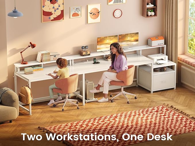 SEDETA 66" L Shaped Desk with Power Outlet, Reversible Home Office Computer Desk with File Drawer & Monitor Shelf, Storage Shelves, LED Lights for Corner Small Spaces, White