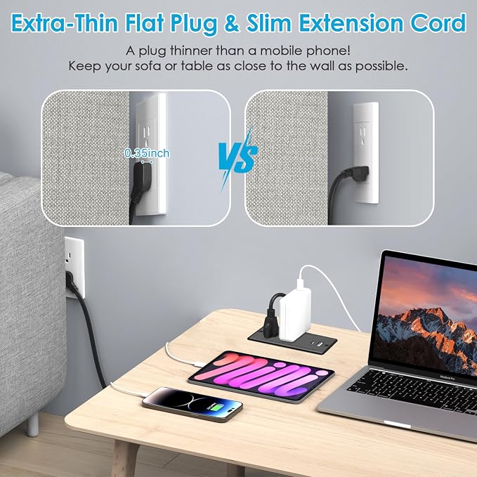 Recessed Power Strip USB C 20W,Flat Plug Ultra Thin Extension Cord,Furniture Desktop Charging Station for Side Table,End Table,Flush-Mount Desk Outlet Power Grommet,10ft Cord (Black)