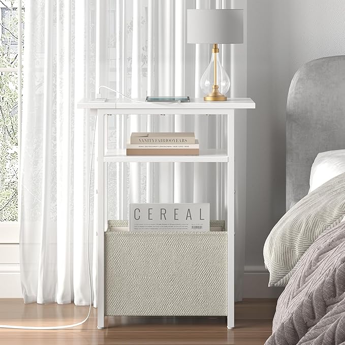 sthmec Narrow Side Table with Charging Station Set of 2, Small End Table for Small Spaces, Skinny Nightstands Set 2 with Storage Basket, 3 Tier Sofa Bedside Tables for Living Room,Bedroom, White