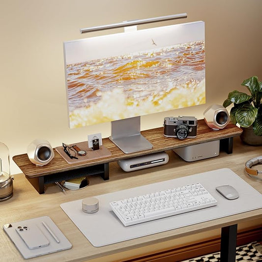 PEGZONE Dual Monitor Riser with Integrated Metal Shelf, Large Walnut Wooden Desk Shelf for 2 Monitors/TV, Monitor Stand Riser for Desk, Wood Monitor Stand Organizer for Home Office，Wide 46"