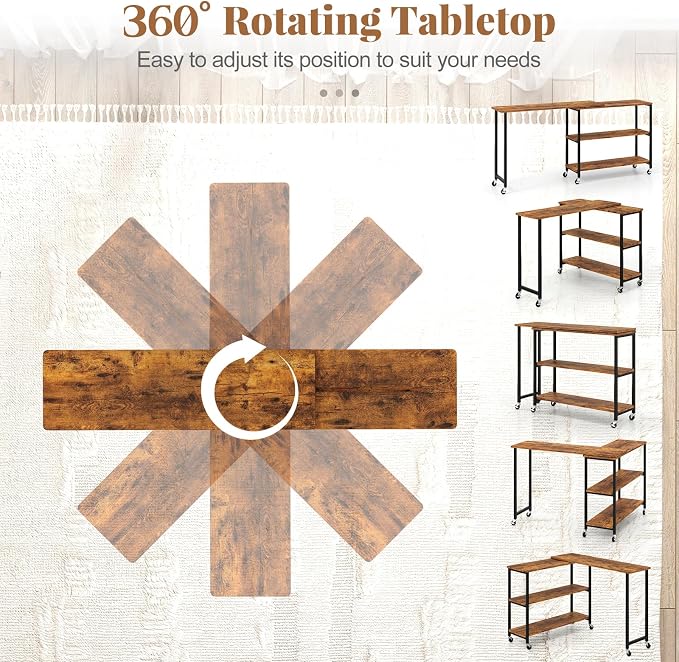 Tangkula Large 360° Free Rotating Sofa Side Table, Patented Mobile Couch Desk with 2-Tier Storage Shelves, Movable Laptop Desk with Sturdy Metal Frame, Extendable Couch Snack Table for Home Office