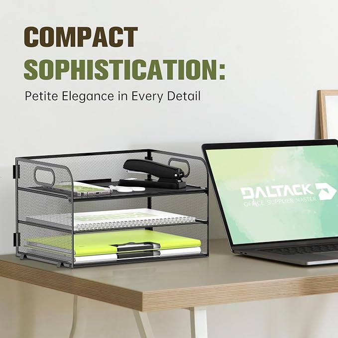 DALTACK 3 Tier Paper Organizer with Handle, Mesh Metal Desk Organizer with Sliding Paper Trays for Letter/A4 Paper, Mail, Bills & Folders, Black 2 Pack