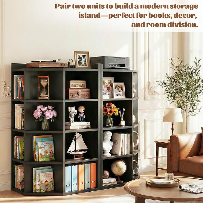 Aheaplus 5-Tier Corner Cube Bookshelf with Power Outlets, Wooden Corner Storage Cabinet with 12 Cubes, Corner Cube Organizer Shelf with Top Table, L Shaped Cubby Bookcase for Home Office, Black
