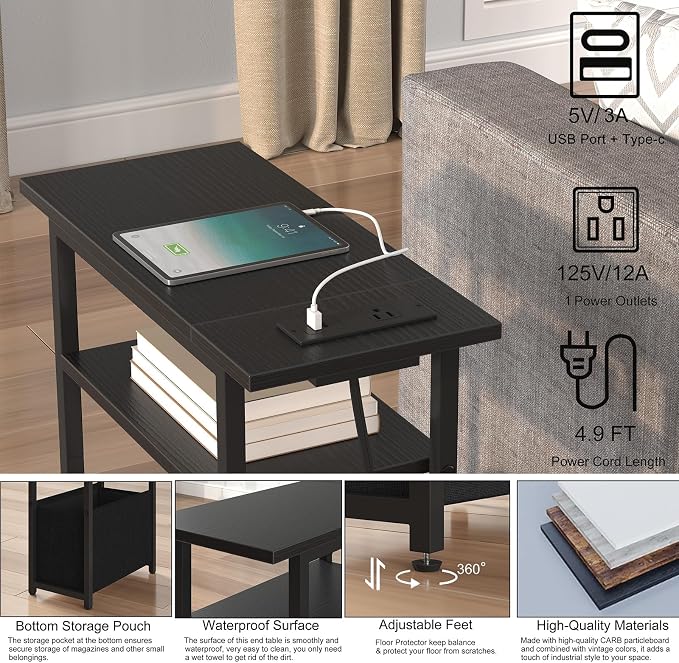 sthmec Narrow Side Table with Charging Station Set of 2, Small End Table for Small Spaces, Skinny Nightstands Set 2 with Storage Basket, 3 Tier Sofa Bedside Tables for Living Room,Bedroom, Black