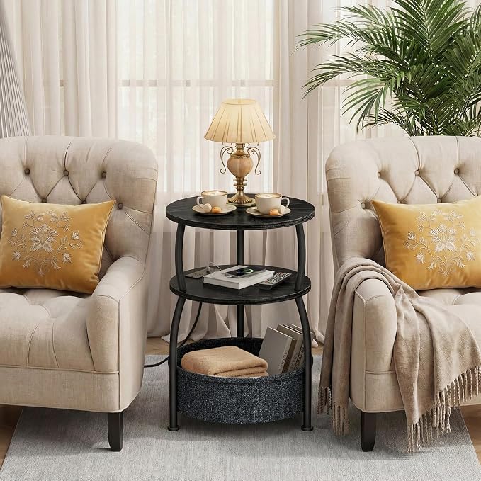 Small Side Table with Charging Station and Type C, Small Coffee Table with Basket, Space Saving End Table 3-Tier Bedside Corner Table Stand for Living Room, Bedroom, Garden 15.75in Classic Black