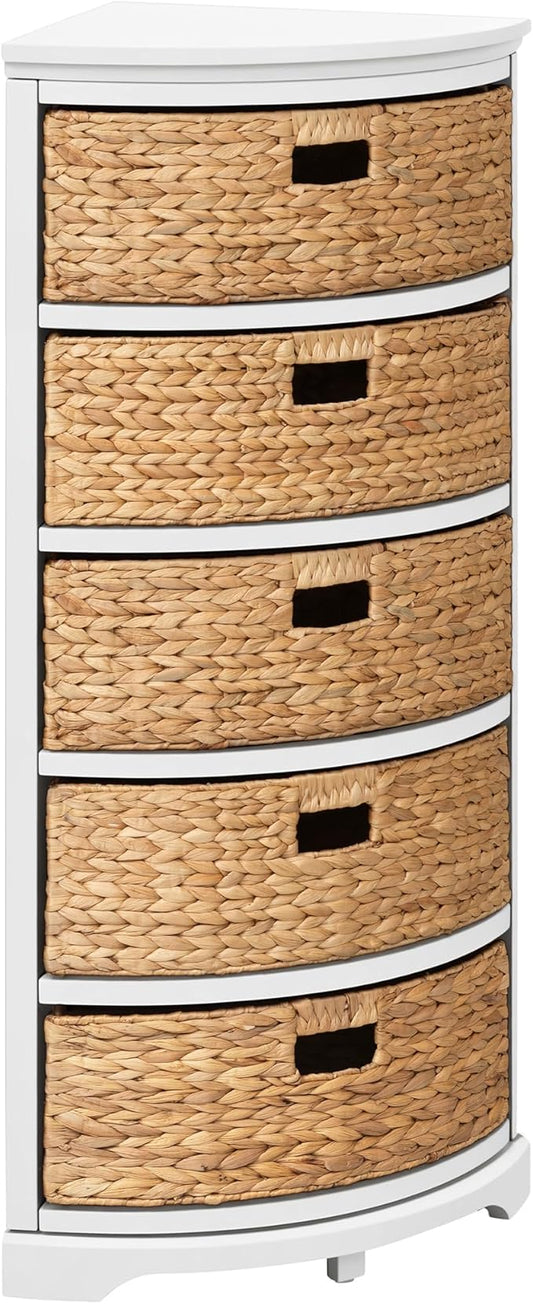 eHemco Hampton Meadows 5 Tier X-Side Corner Storage Cabinet with 5 Wicker Baskets, White