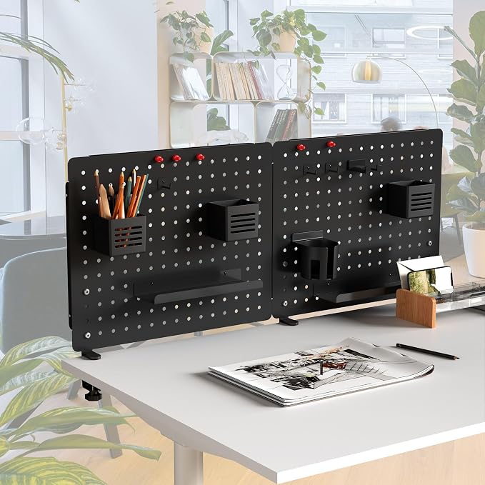 Kantek Pegboard Desktop Organizer & Accessories, Sits, Hangs or Clamps to Tables, 20.58” X 17” Black Steel Privacy Panel, Cup Holder, Pen Cup, Headphone Holder, Tray, Magnets, Easy Install