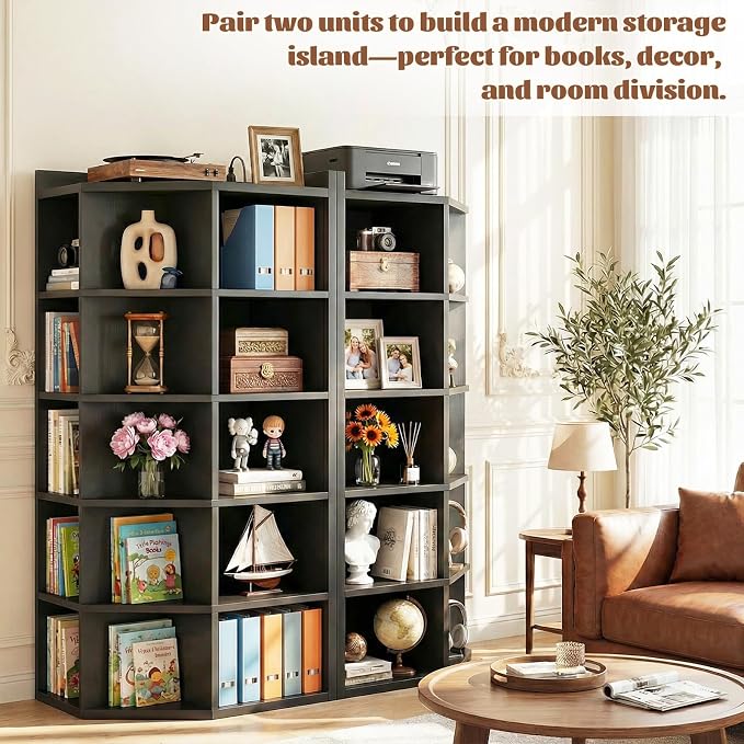 Aheaplus 6-Tier Corner Cube Bookshelf with Power Outlets, Wooden Corner Storage Cabinet with 15 Cubes, Corner Cube Organizer Shelf with Top Table, L Shaped Cubby Bookcase for Home Office, Black