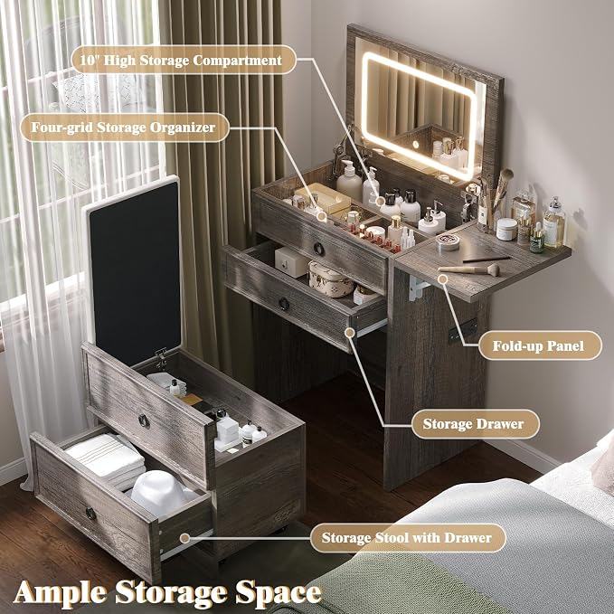 LUXOAK 3-in-1 Small Vanity Desk with Mirror and Lights, Compact Hidden Vanity Set with Stool & Charging Station, Makeup Table for Girls Bedroom and Dressing Room, Rustic Grey