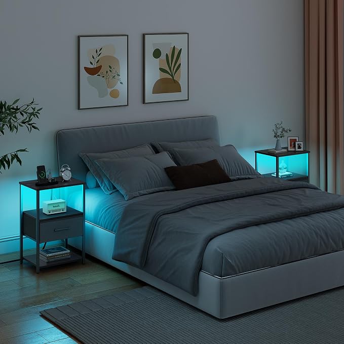 TUTOTAK LED Nightstand Set of 2, Night Stand with Charging Station, End Table, Bedside Table with Fabric Drawer, Side Table for Livingroom and Bedroom, Black TB01BK0692L
