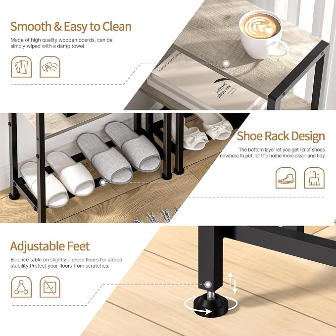 Narrow Side Table Set of 2 for Small Space, 2-Tier Small End Table with Shelf Holder, Slim Nightstand, Skinny Snack Couch Table in Living Room, Bedroom, Study, Kitchen and Balcony (Greige)