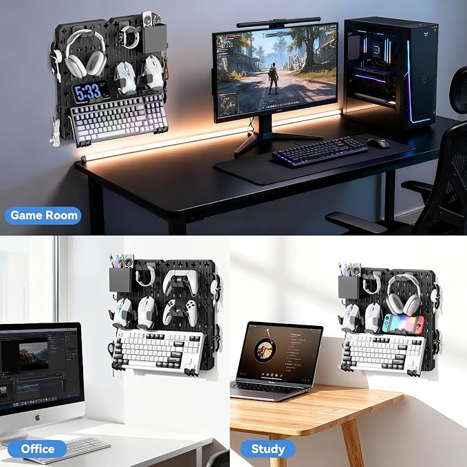 KDD Keyboard and Mouse Display Stand Holder, Wall Mount Office Organization Pegboard Combination Kit with Pen holder, Hooks, Headset & Controller Stand for Office & Home Hanging Organizer Storage