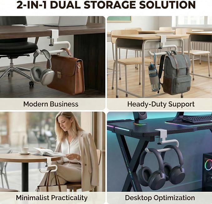 Desk Hook & Bag Hooks for Tables, Anti-Slip 60LB Heavy Duty Clamp-On Backpack Hanger, Extended Clearance Bag Holder for Desk for Office & Gaming, Adjustable (0.19-1.57in) (White)
