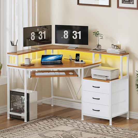 YOMILUVE Small Corner Desk with Drawers, Corner Gaming Desk with Power Outlets & Printer Shelf for Small Space, Triangle Computer Desk with LED Lights, Keyboard Tray and Monitor Stand, Brown and White