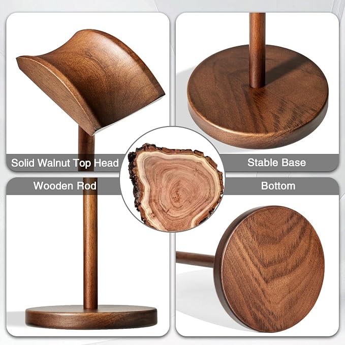 Walnut Wood Headphone Stand for Desk, Heavy Duty Wooden Headset Stand, Wide Compatibility Gaming Headset Hanger Holder, Stylish Desk Accessories for Home & Office