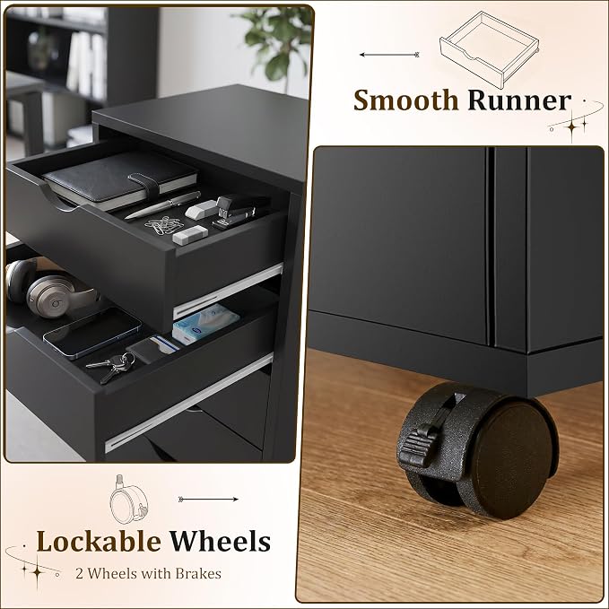 7 Drawer File Cabinet, Under Desk Storage Organization with Wheels, Mobile Filing Chest for Small Desk Printer Stand for Home Office, Black