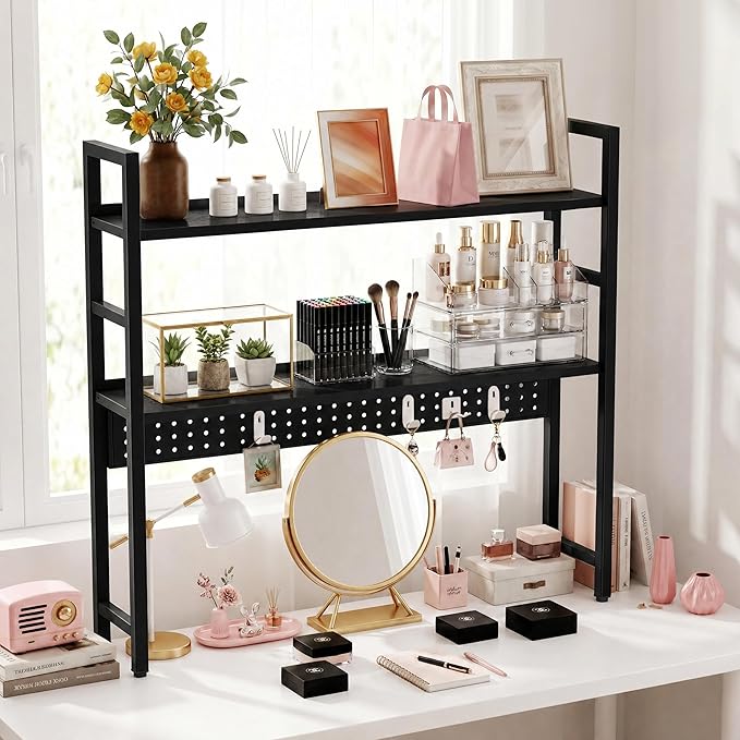 Brakki 2-Tier Desk Shelf, Desk Hutch Bookshelf, Desktop Shelf Bookcase with Pegboard and Hooks for Computer Monitor, Metal Desktop Hutch Storage Organizer for Dorm Home Office, 30" W， Black