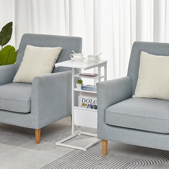 C Shaped End Table 28"(H) 3-Tier C Table with Storage Bag, Under Couch Table C-Shaped End Table with Storage Shelves and Bag for Living Room, Bedroom, or Office