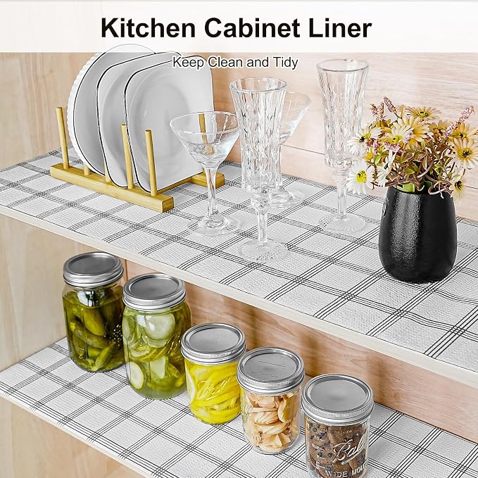 Drawer and Shelf Liner for Kitchen Cabinet,Non-Adhesive Cabinet Liner 24in x 10FT,Waterproof Shelf Paper Non-Slip Mats Cupboard Liners Contact Protect Dresser/Shelves/Table-White Stripes