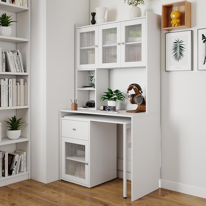 Computer Desk with Hutch and Rotating Desktop, White Corner Study Desk with Glass Door Storage Cabinets and Fold Out Shelf for Home Office, Craft Cabinet with Fold Out Table (White)