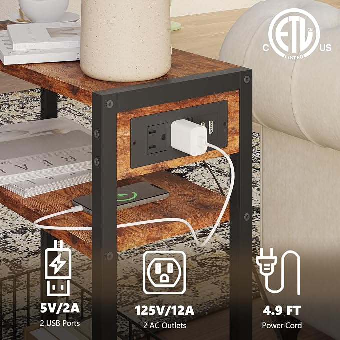 TRIFEBLE Narrow Side Table with Charging Station, Small End Table for Small Spaces, Slim Nightstand with Storage Basket, 3 Tier Skinny Bedside Table for Living Room, Bedroom, Rustic Brown