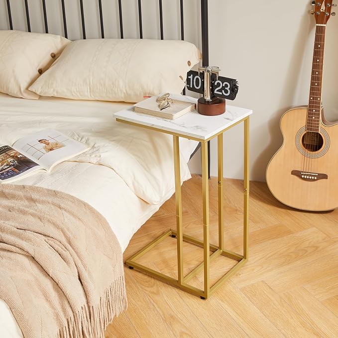Aibiju Small Side Tables C Shaped, End Table, Small Table Stand for Living Room Bedroom, Little Bedside Table Faux Marble+Gold YD-TM051G