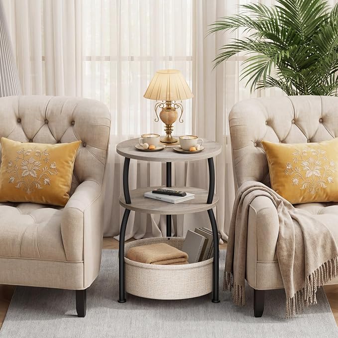 Small Side Table with Storage, 15.75in Round End Table with Basket, USB Port and Outlet, 3 Tiers Sofa Couch Table Bedside Table for Living Room Bedroom, Small Spaces, Greuge