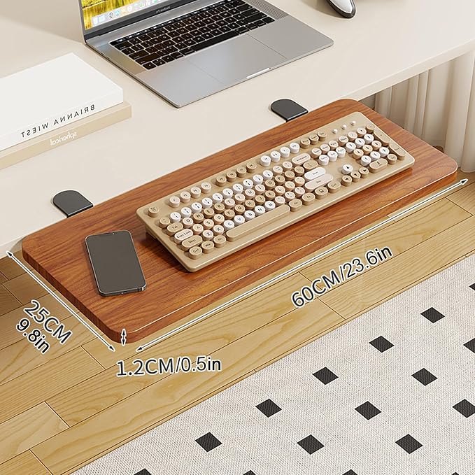Desk Extender Tray, 24 * 10 Inch Ergonomic Clamp On Desk Extender, Mouse & Keyboard Extender for Desk, No Drill Keyboard Tray Under Desk for Home Office Workspace (Walnut, 24 * 10 Inch)