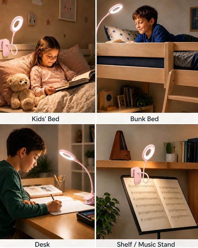 Clip On Reading Light for Bed Headboard, USB Rechargeable Cordless Clamp Lamp for Dorm Room Essentials, Touch Dim, 3 Colors, Eye Protect LED Desk Lamp for College Dorm Room, Gooseneck, Pink